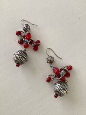 Red Beaded Silver Drop Earrings - Brand